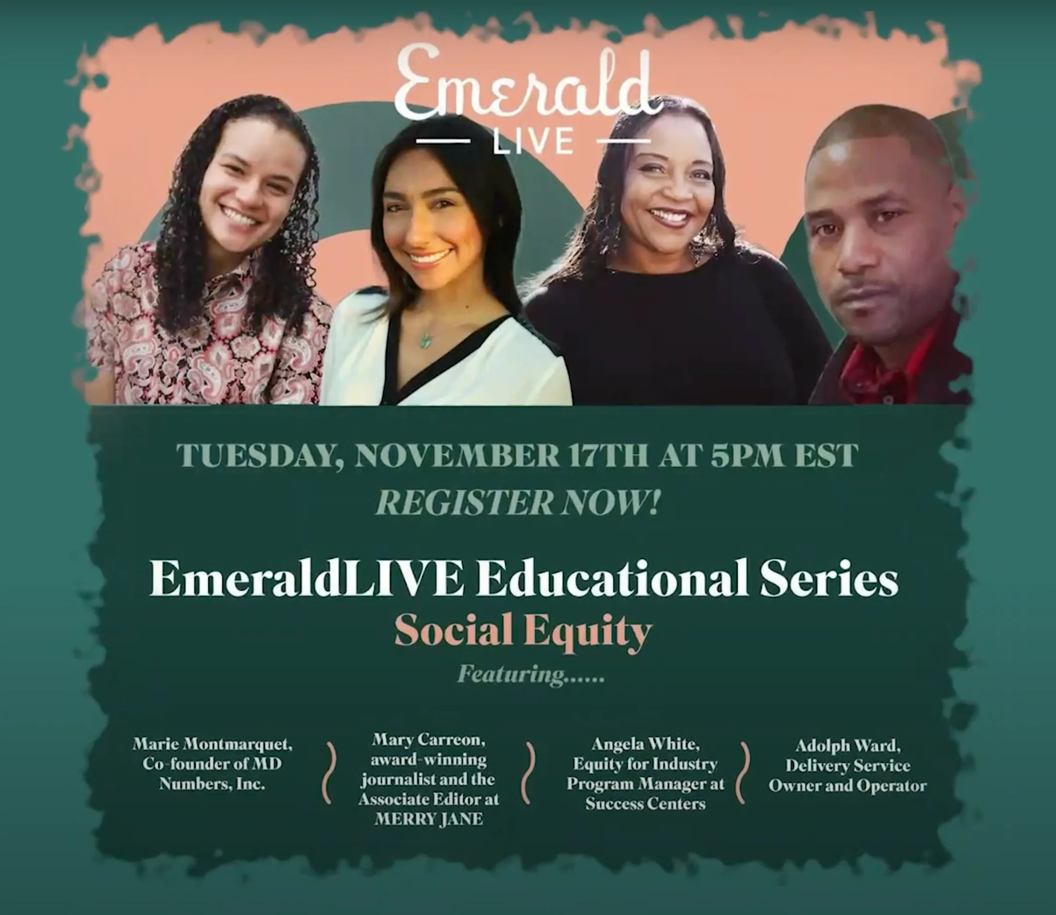 'Emerald Live: Social Equity' flyer featuring guest speakers Marie Montmarquet, Mary Carreon, Angela White, and Adolph Ward.